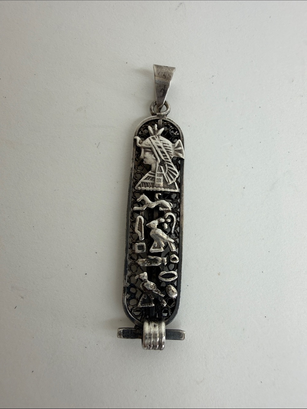 Vintage Egyptian Sterling Silver Openwork Filigree Cleopatra Cartouche Pendant